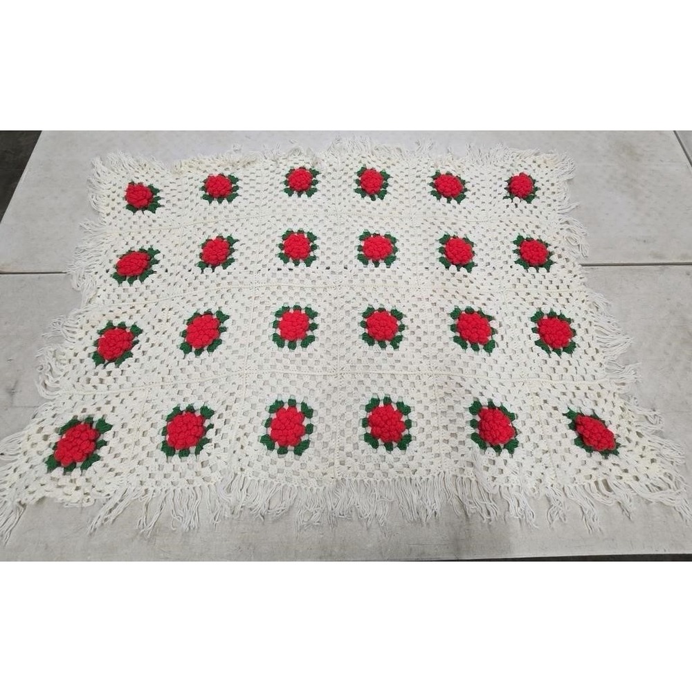 Granny Square Crochet Afghan Quilt Blanket 3D Rose 60" x 39" Handmade 10" Square